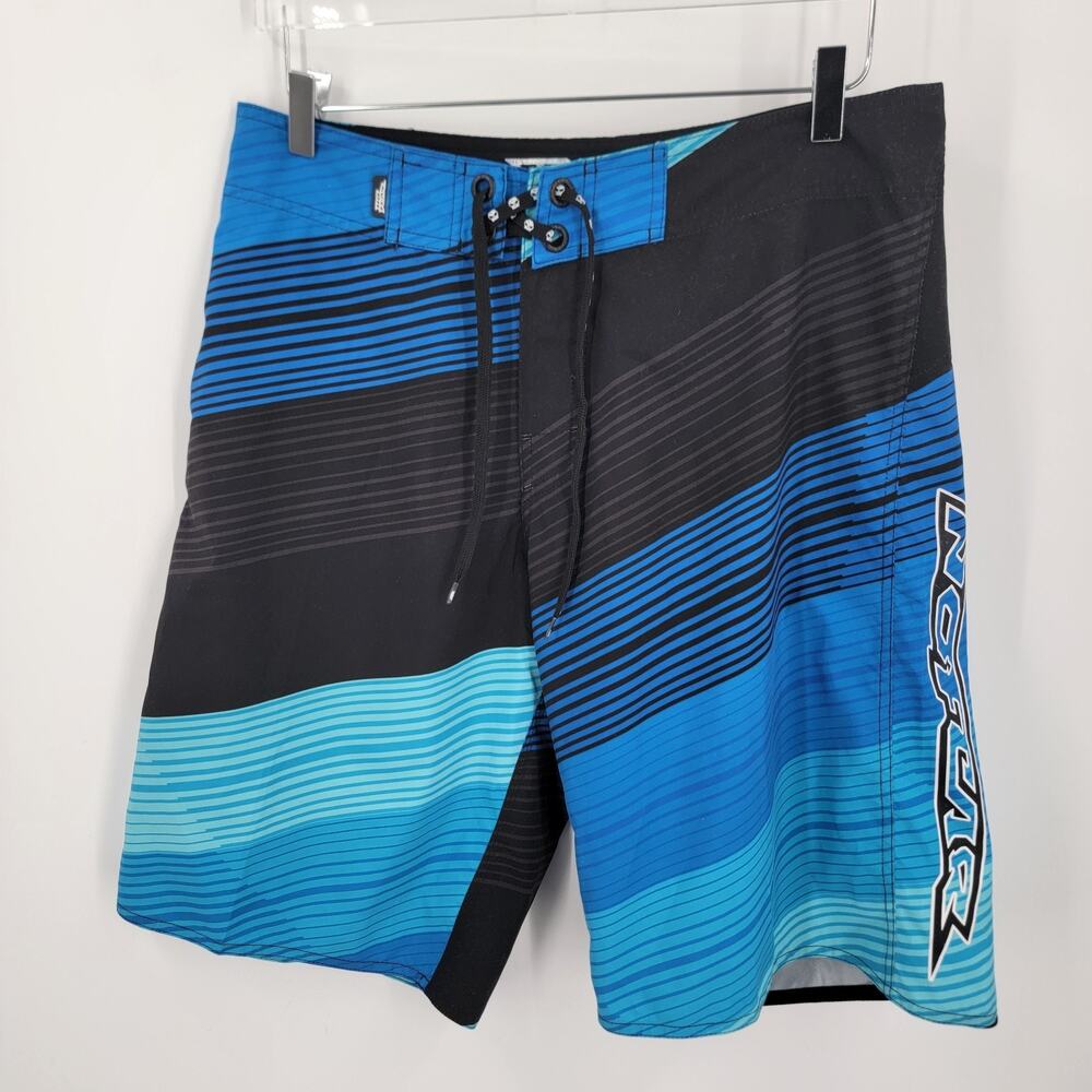 No Fear Board Shorts Mens 32 Blue Black Swim Trunks Back Zip Pocket